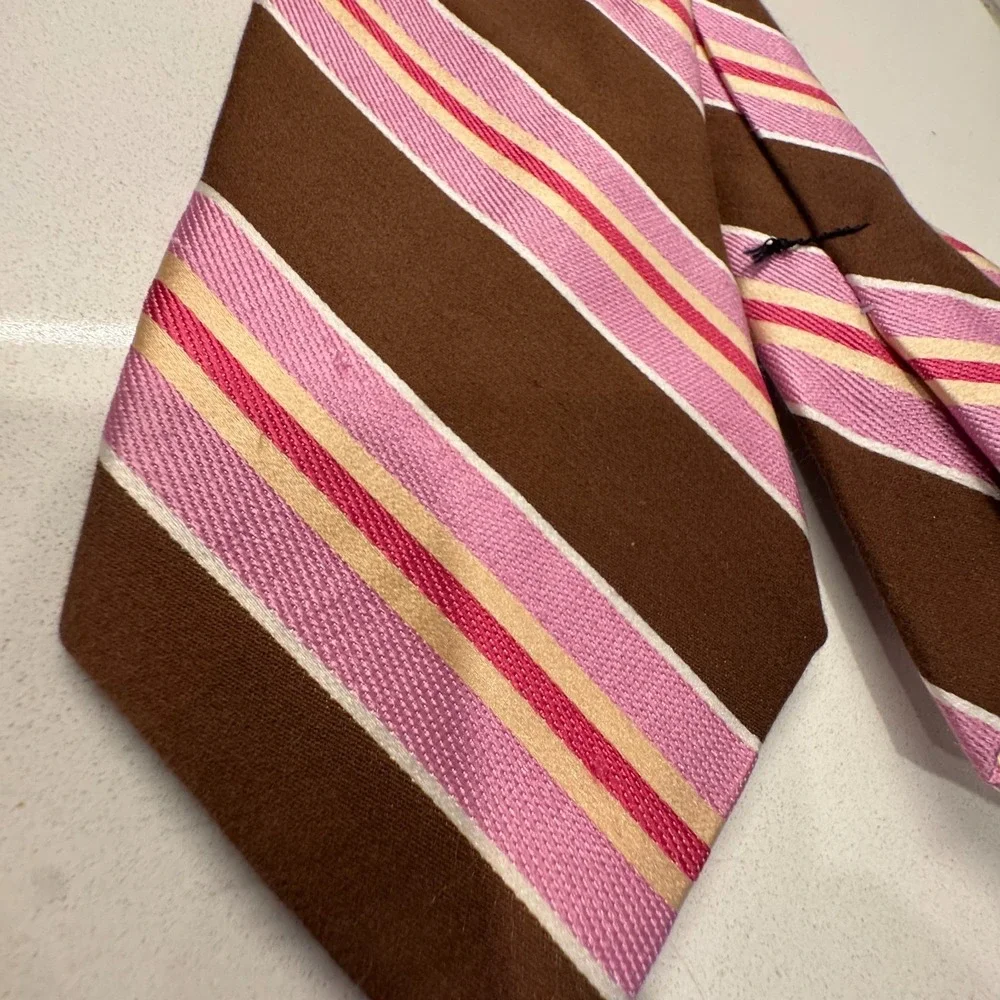 Vintage Ike Behar New York Tie Brown Pink Stripe Silk USA Made Necktie Old Money